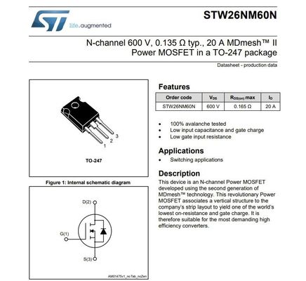 N-kanal 600V, 0,065 Ω tip., 40A Power MOSFET dalam paket TO-247 STW48N60DM2 Field Effect Transistor